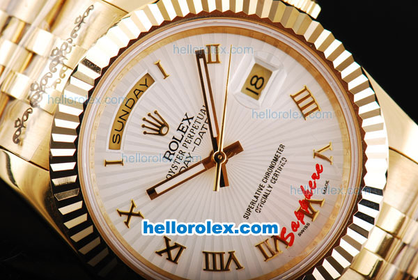 Rolex Day-Date II Automatic Movement Full Gold with Gold Roman Markers and White Dial - Click Image to Close